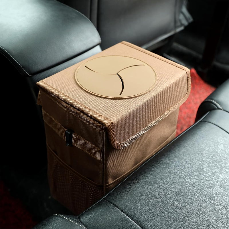 AOKJOY Car Garbage can with lid Leak Proof Vehicle Trash Can 3 Storage Pockets Hanging Waterproof car Trash Bag for SUV Brown - Image 5